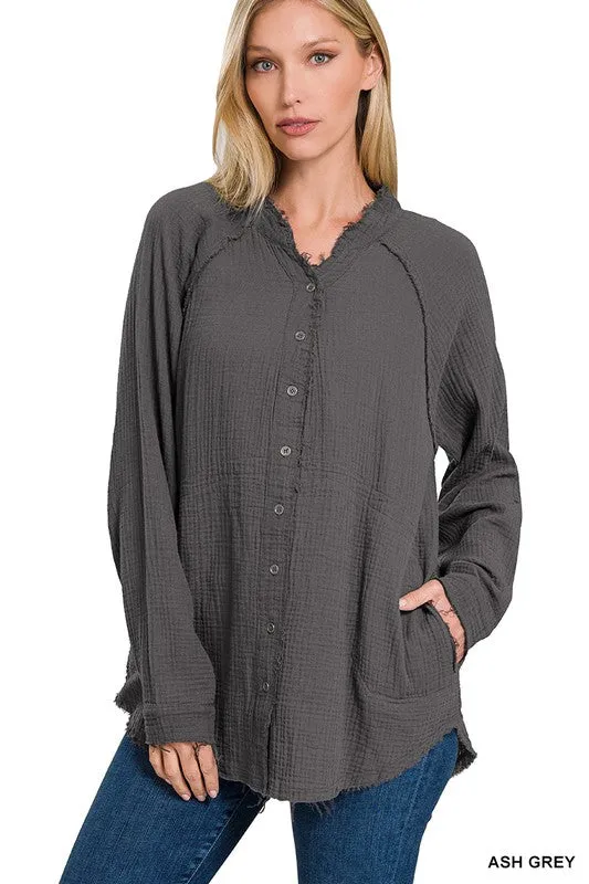 100% Cotton Raw Edge Button Shirts