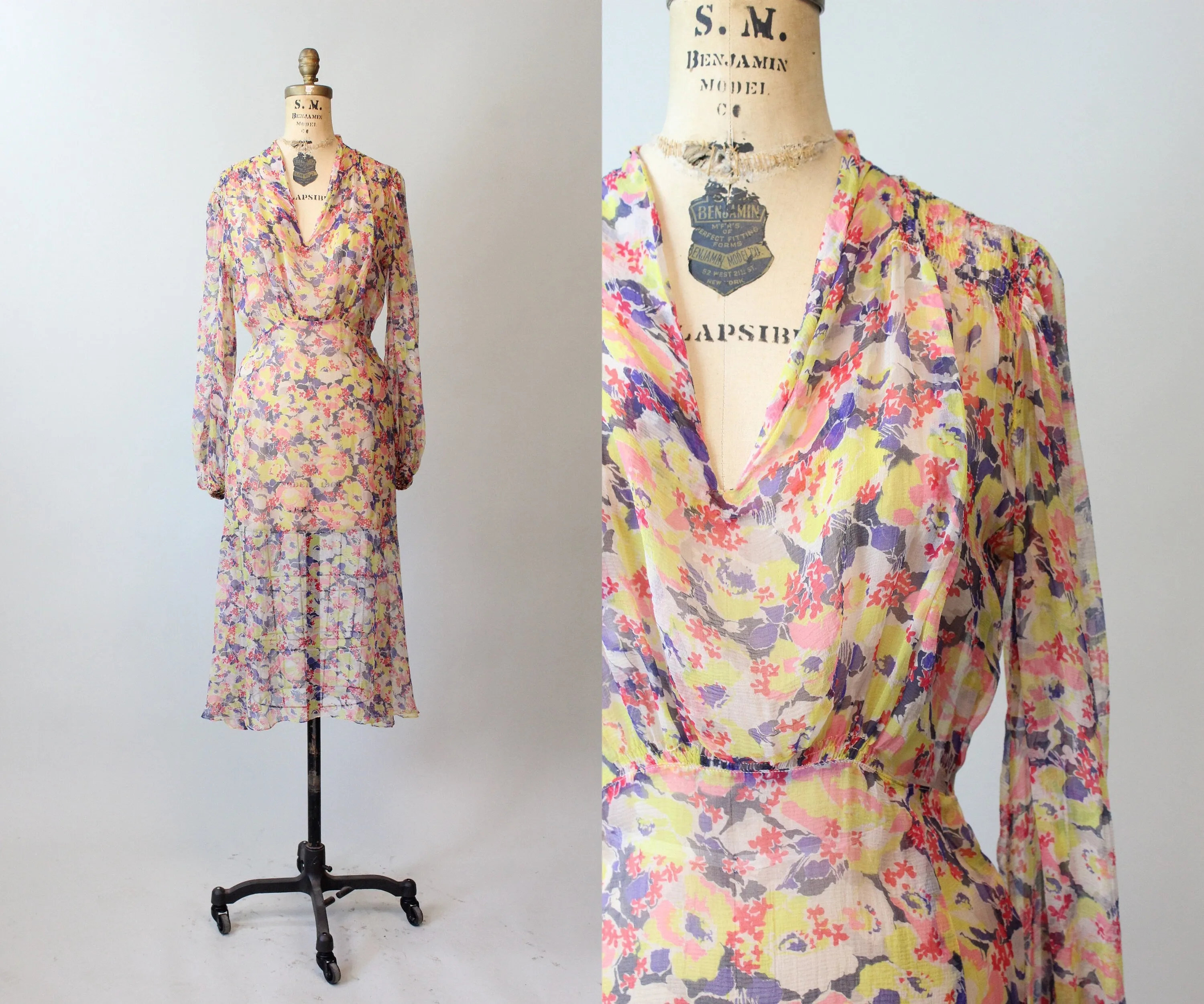 1930s SHEER tissue silk BALLOON SLEEVES floral dress xs small | new spring