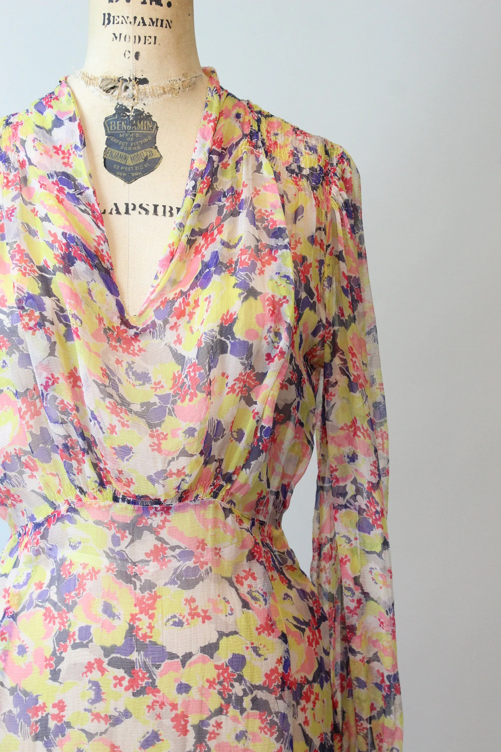 1930s SHEER tissue silk BALLOON SLEEVES floral dress xs small | new spring