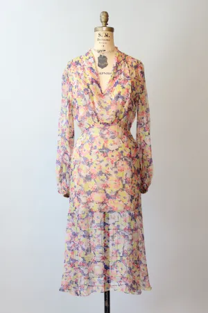 1930s SHEER tissue silk BALLOON SLEEVES floral dress xs small | new spring