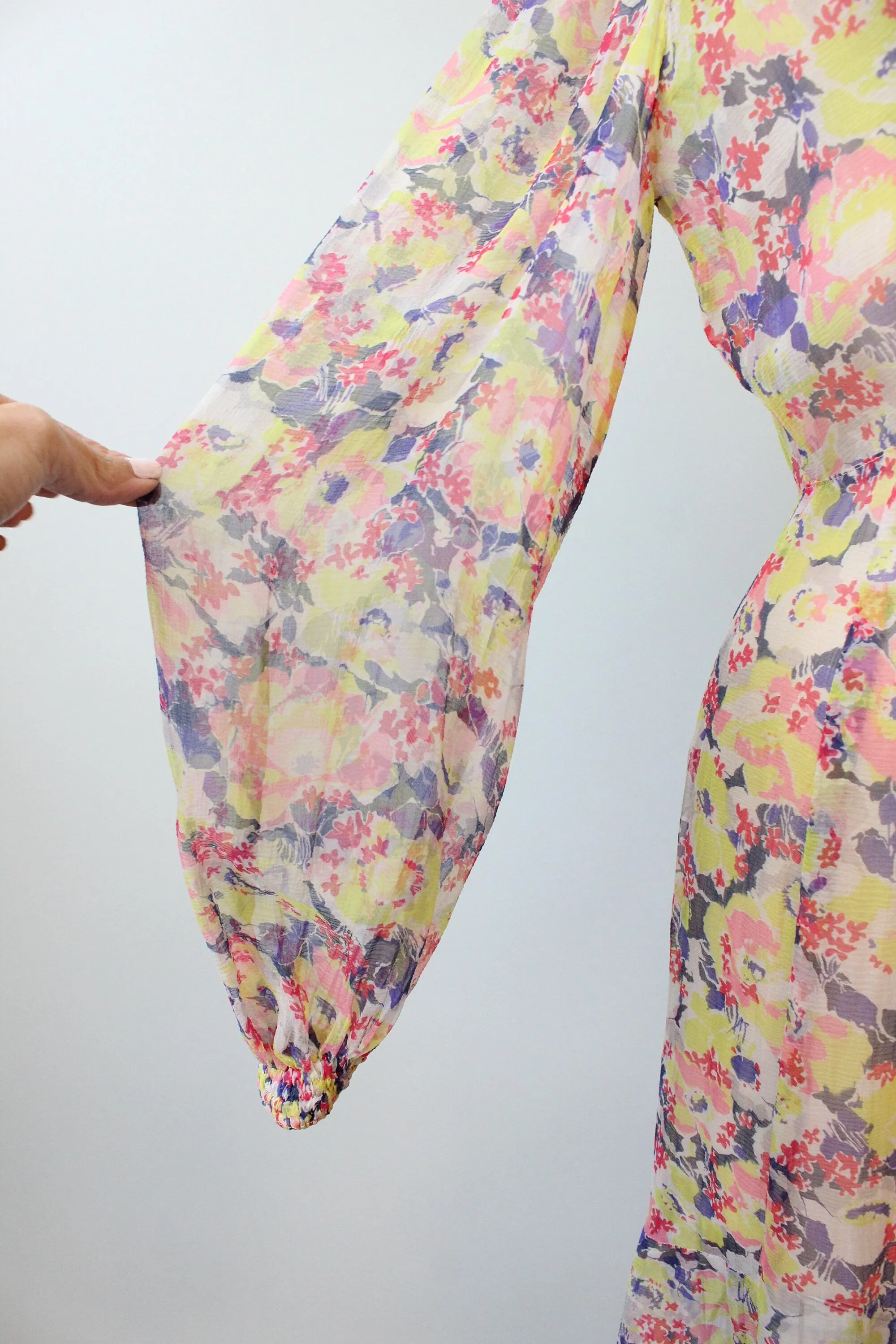 1930s SHEER tissue silk BALLOON SLEEVES floral dress xs small | new spring