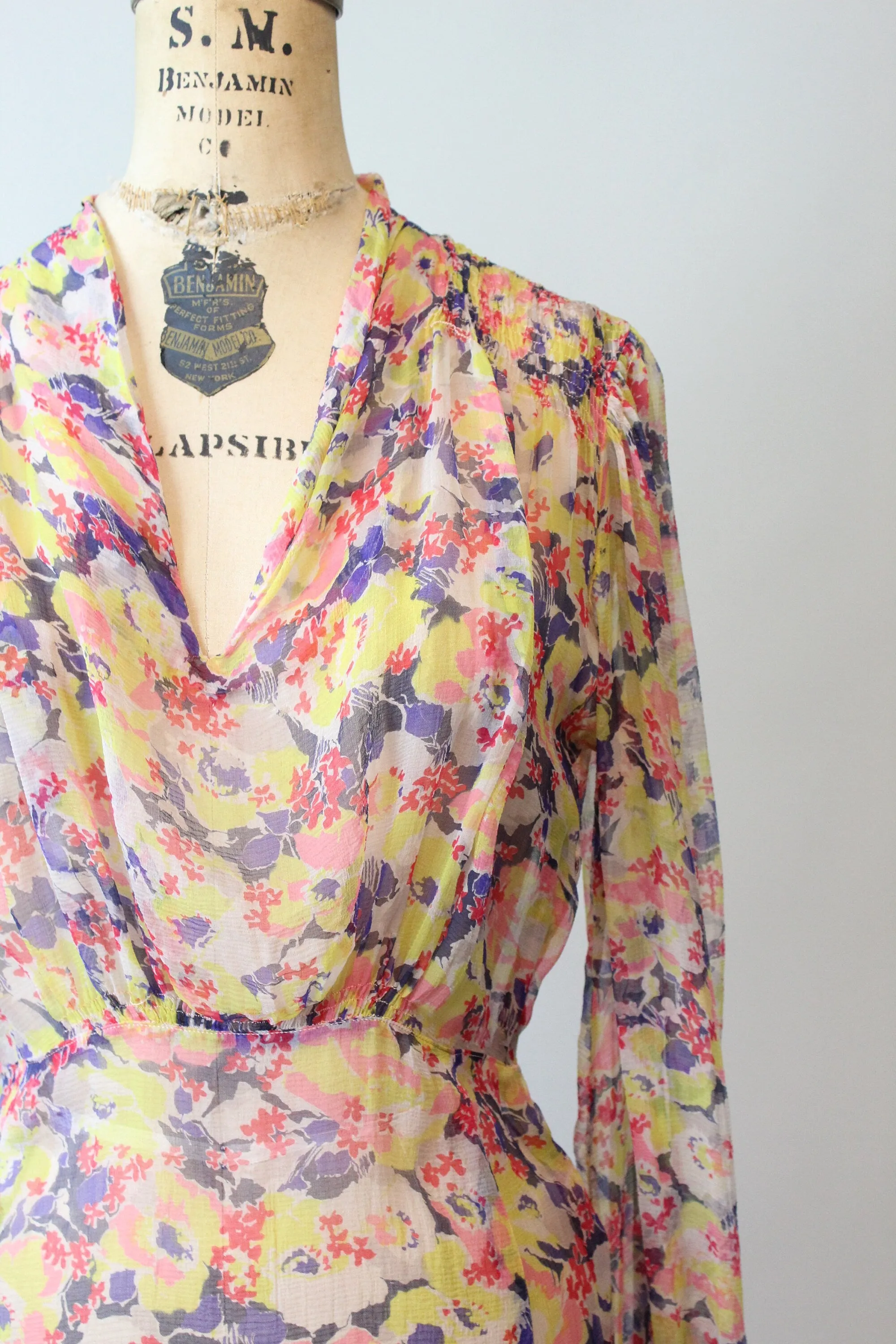 1930s SHEER tissue silk BALLOON SLEEVES floral dress xs small | new spring