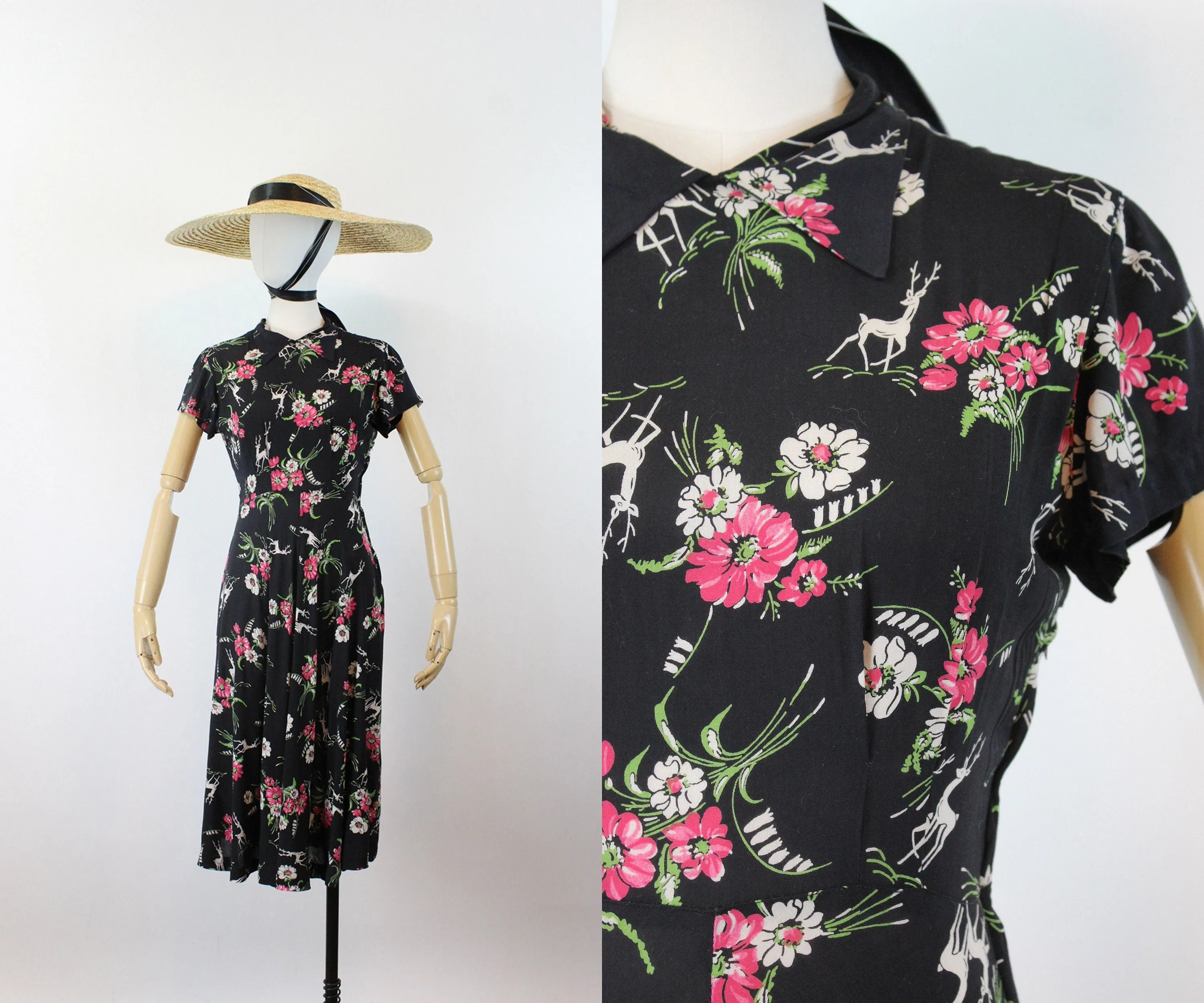 1940s DEER PRINT novelty rayon print dress xs | new spring summer