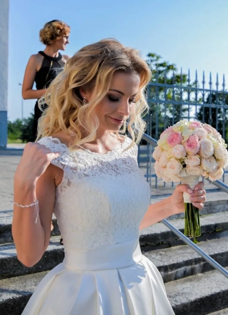 A-line Satin Floor-Length Bridal Dresses with Lace Bodice