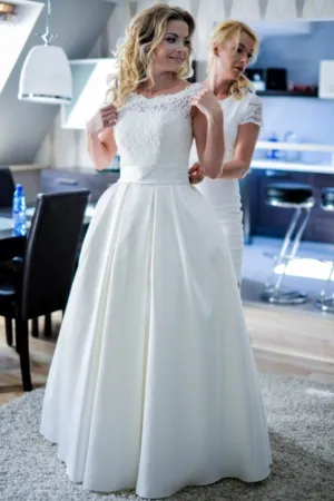 A-line Satin Floor-Length Bridal Dresses with Lace Bodice