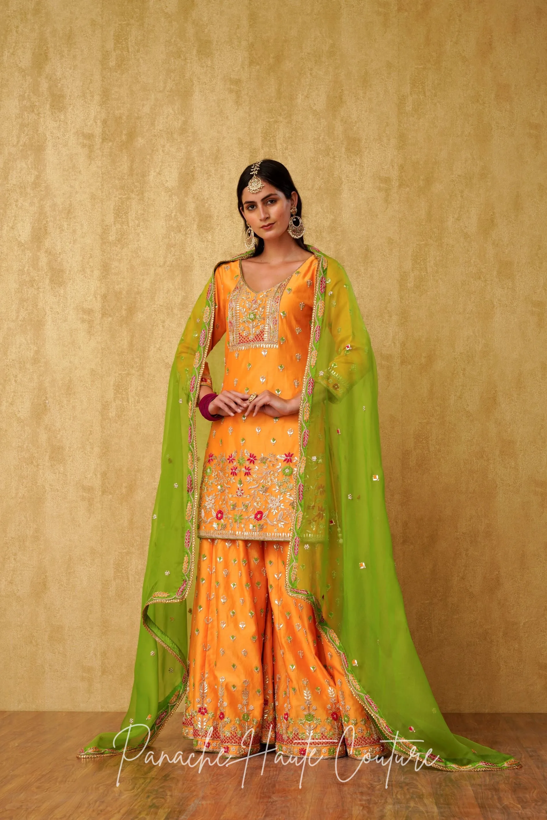 Apricot Chanderi Silk Sharara Set with Green Organza Dupatta RUPVATI