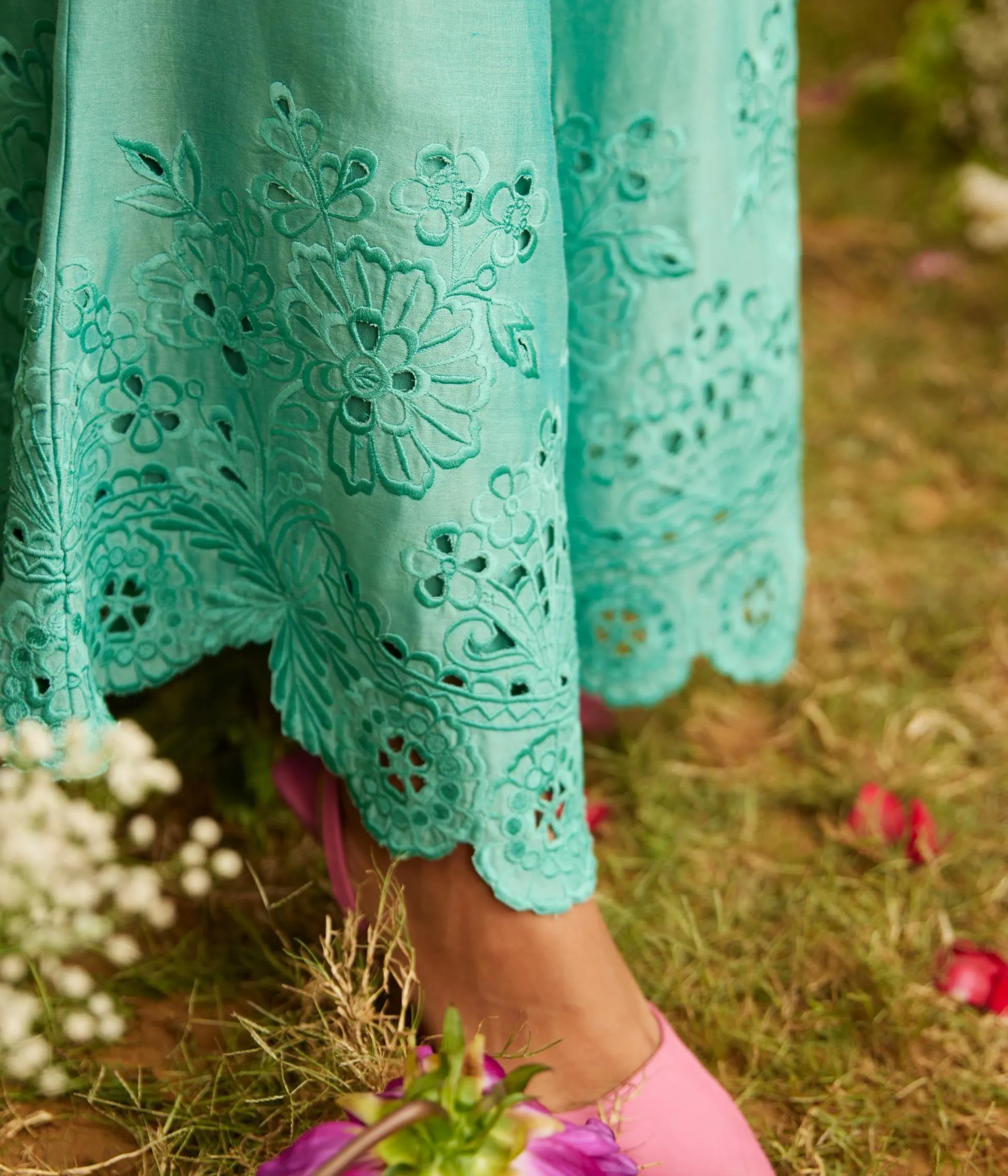 Aqua cutwork flared pants