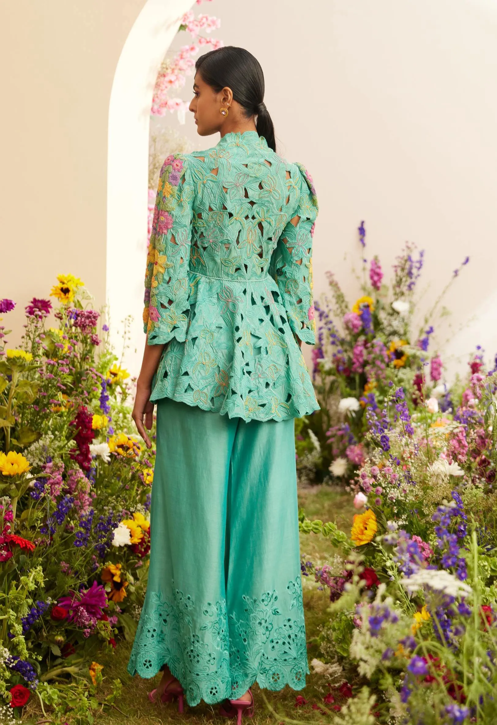 Aqua cutwork flared pants