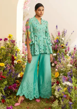 Aqua cutwork flared pants