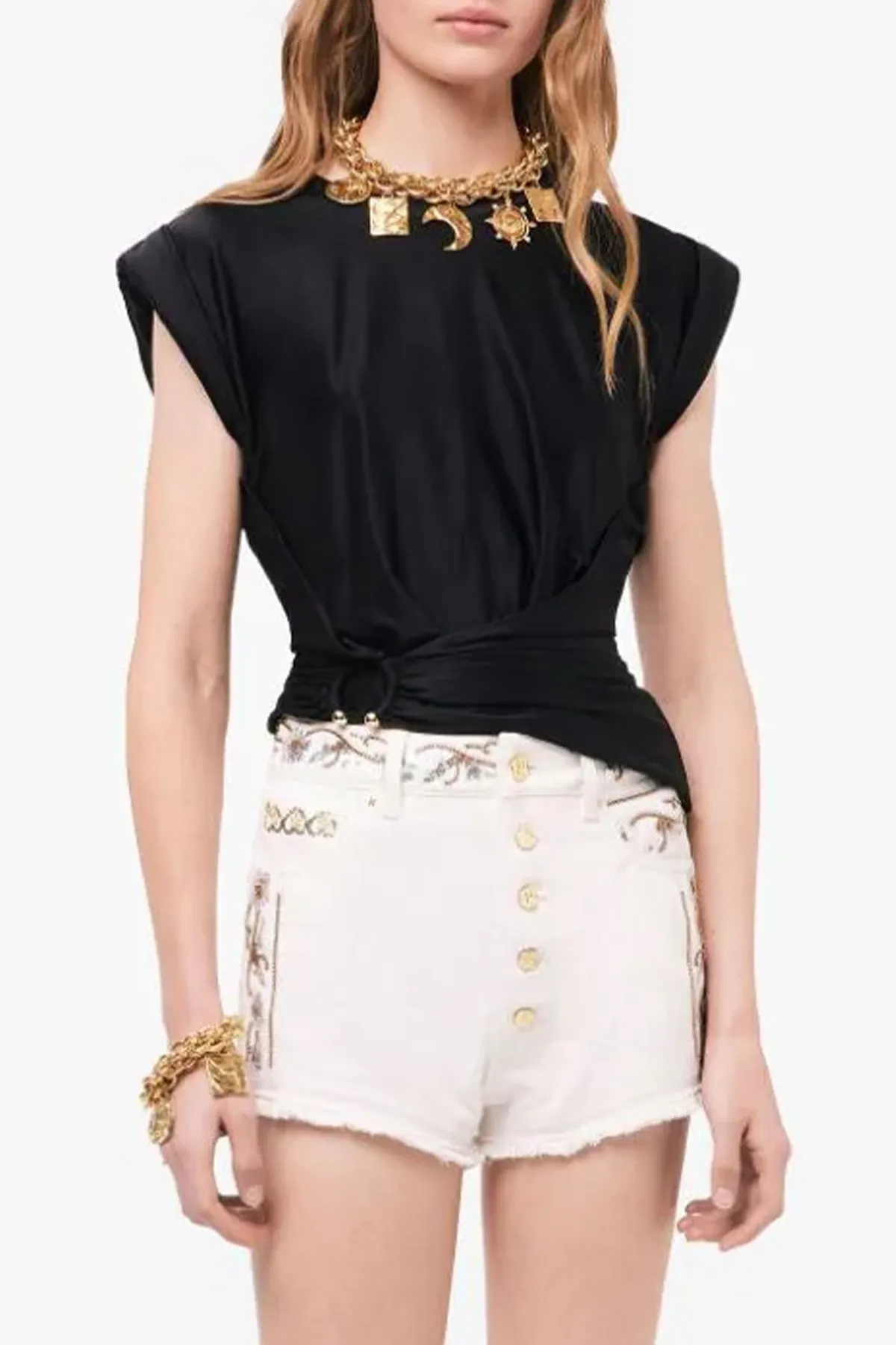 Asymmetric Gathered-Detail Blouse in Black