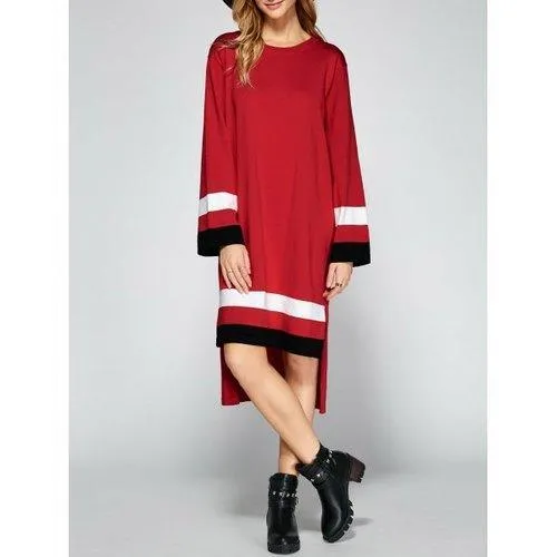 Asymmetrical Striped Side Slit Shirt Sweater Dress - Red One Size