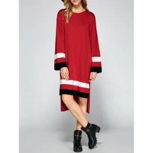 Asymmetrical Striped Side Slit Shirt Sweater Dress - Red One Size