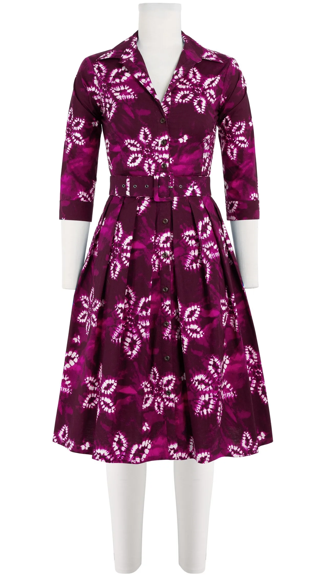 Audrey Dress #1 Shirt Collar 3/4 Sleeve Cotton Stretch (Shibori Octagon)