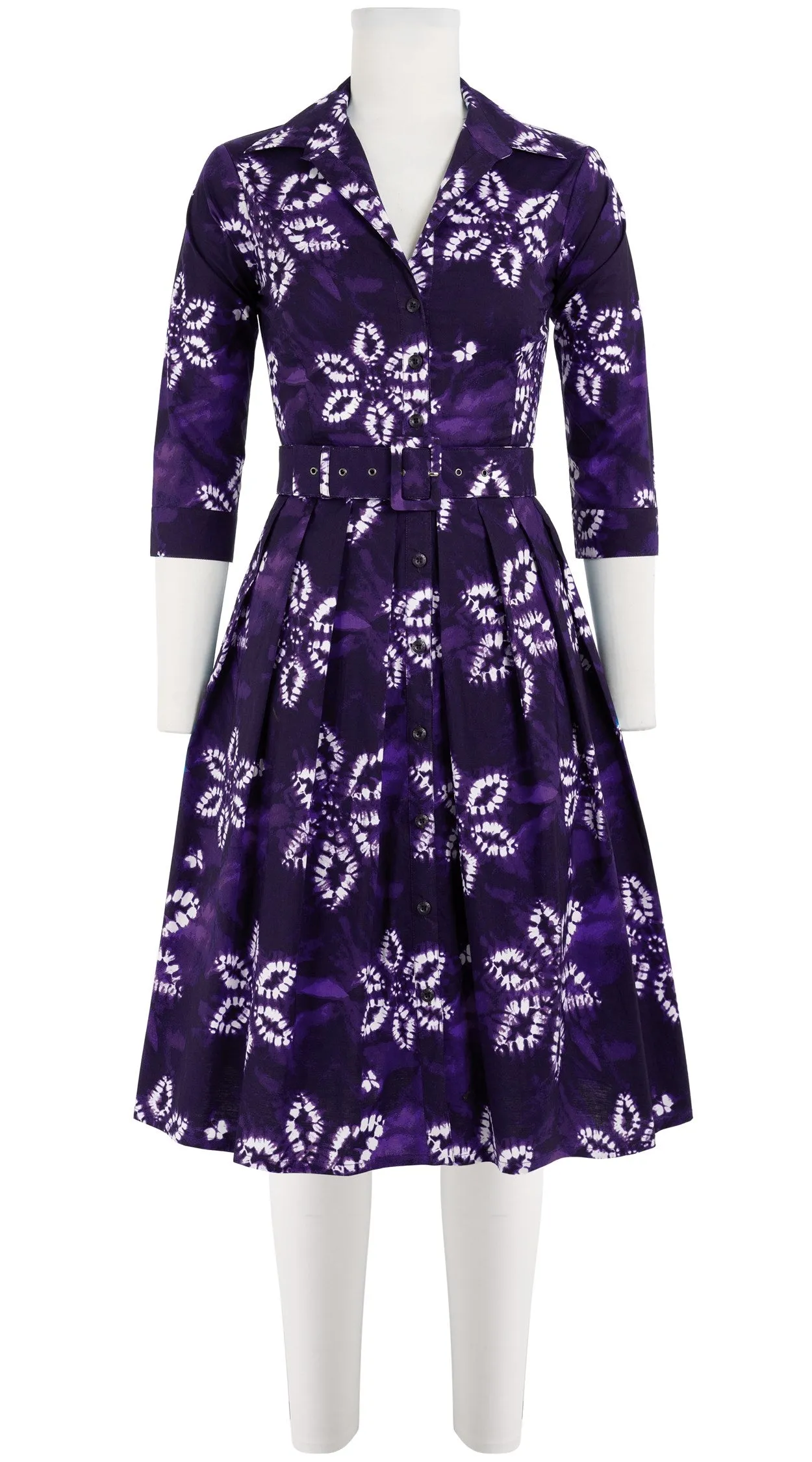 Audrey Dress #1 Shirt Collar 3/4 Sleeve Cotton Stretch (Shibori Octagon)