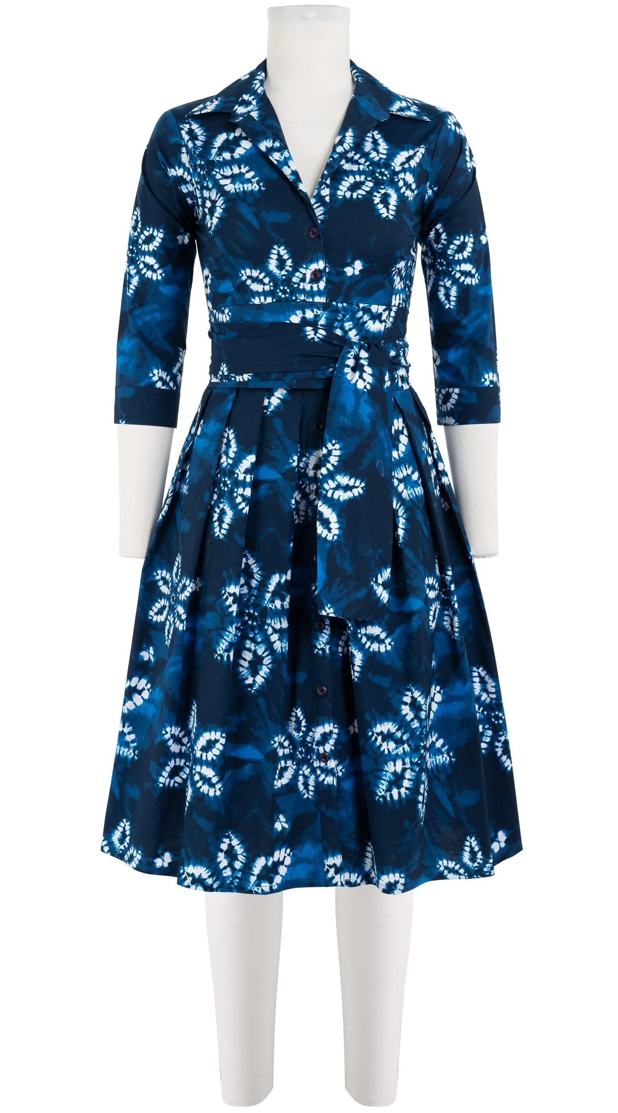 Audrey Dress #1 Shirt Collar 3/4 Sleeve Cotton Stretch (Shibori Octagon)