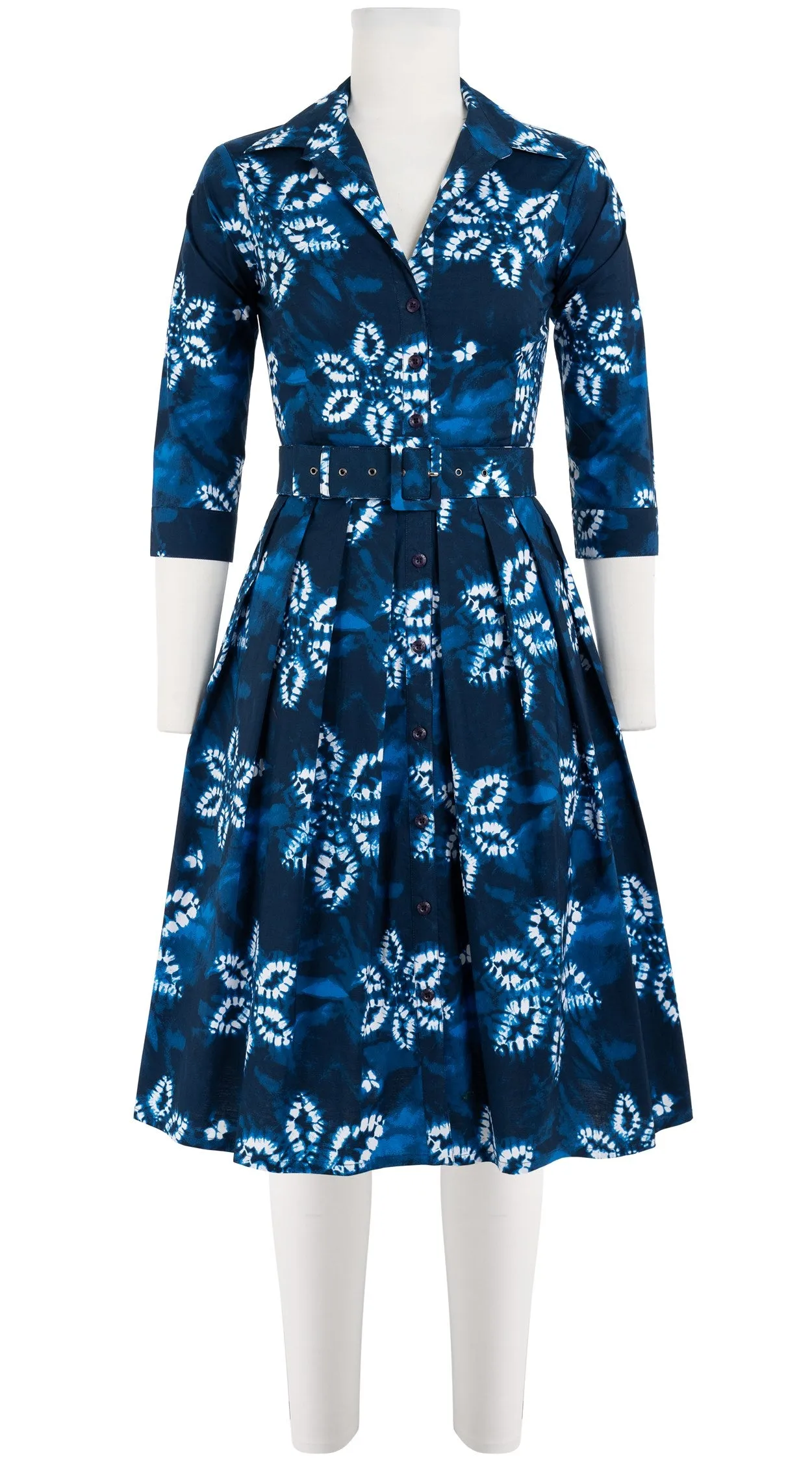Audrey Dress #1 Shirt Collar 3/4 Sleeve Cotton Stretch (Shibori Octagon)