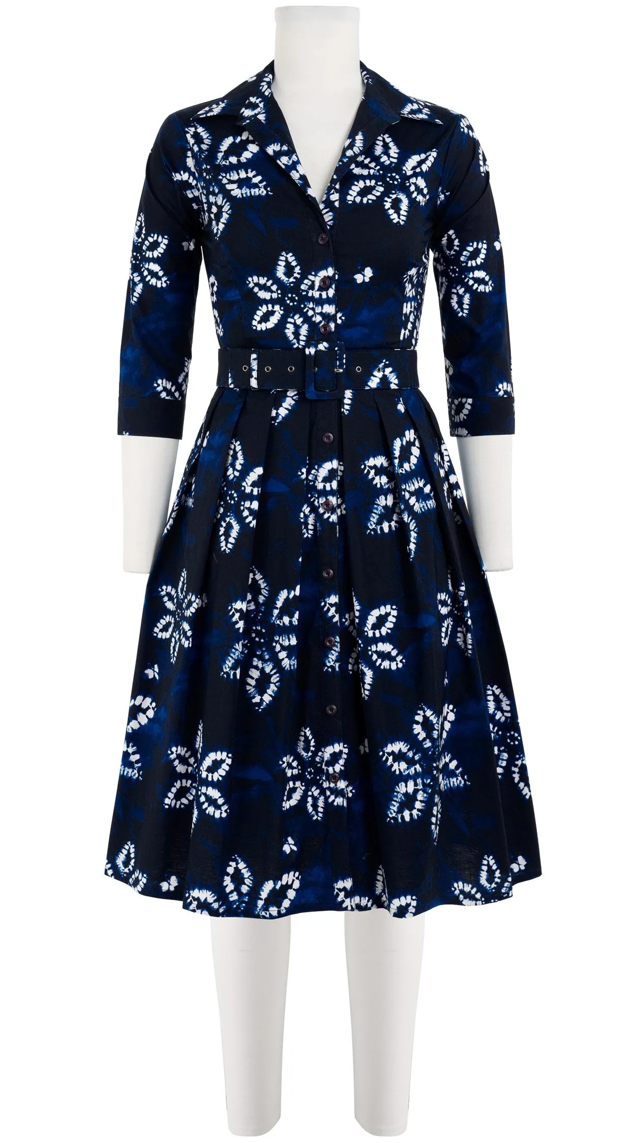 Audrey Dress #1 Shirt Collar 3/4 Sleeve Cotton Stretch (Shibori Octagon)