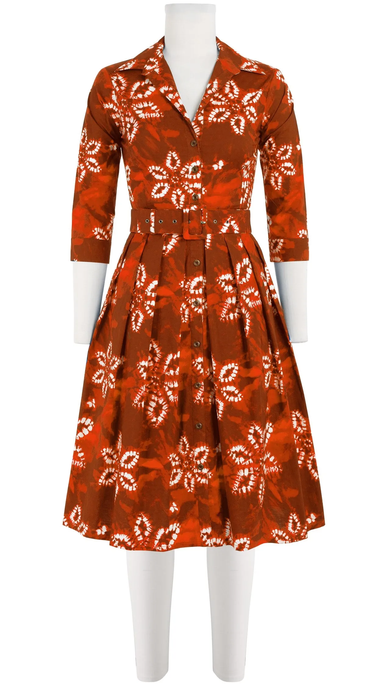 Audrey Dress #1 Shirt Collar 3/4 Sleeve Cotton Stretch (Shibori Octagon)