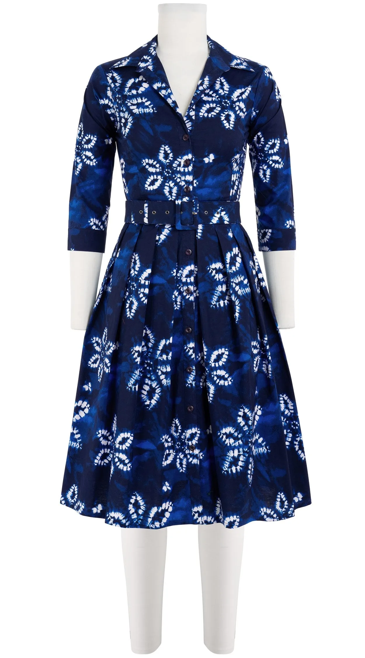 Audrey Dress #1 Shirt Collar 3/4 Sleeve Cotton Stretch (Shibori Octagon)