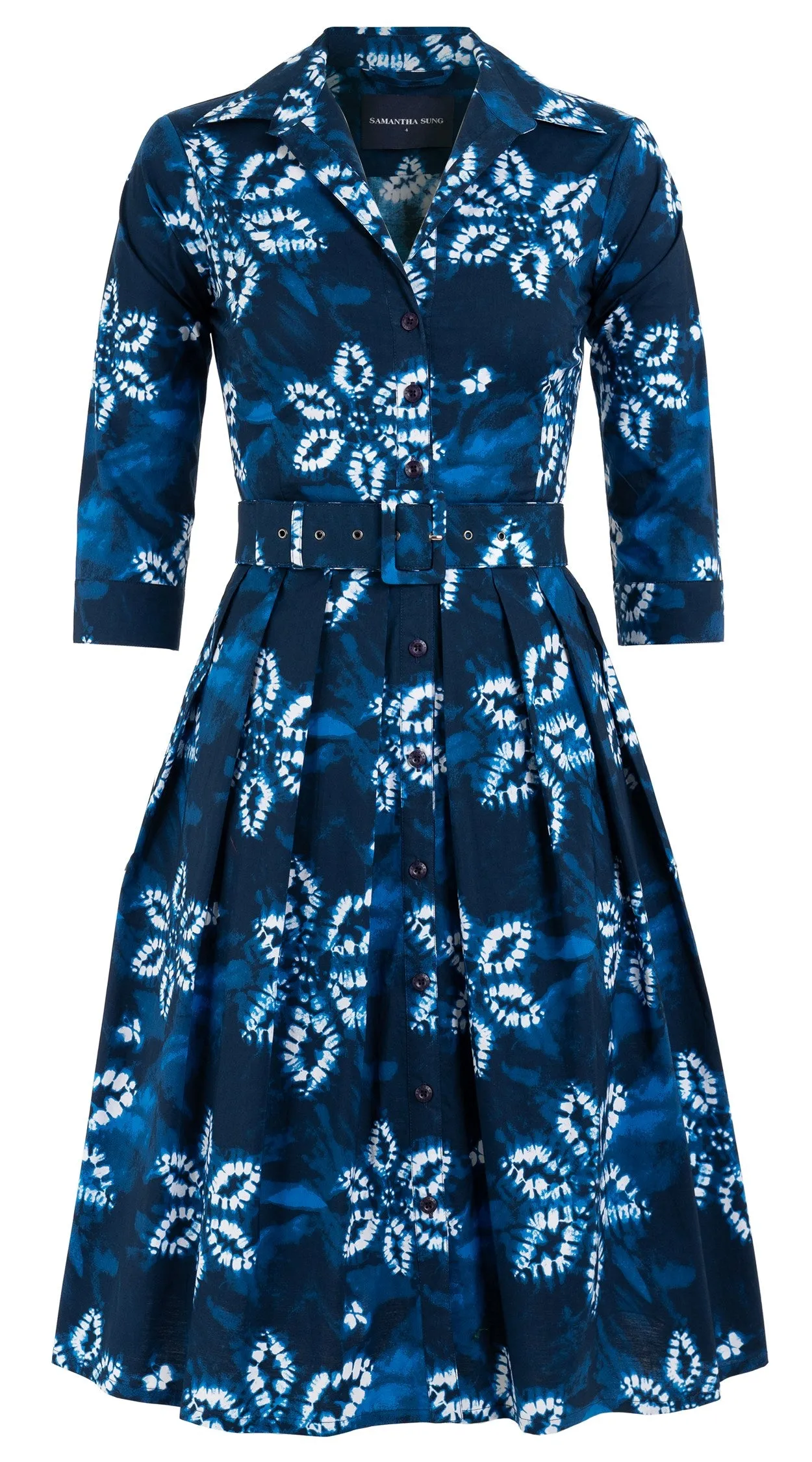 Audrey Dress #1 Shirt Collar 3/4 Sleeve Cotton Stretch (Shibori Octagon)