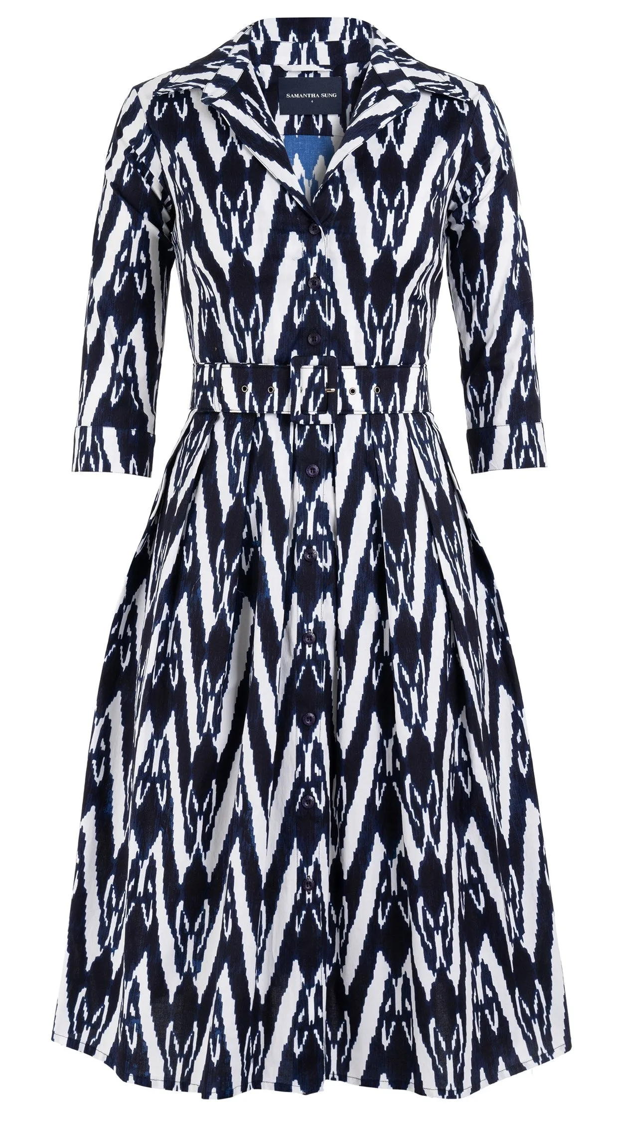 Audrey Dress #1 Shirt Collar 3/4 Sleeve Long Length Cotton Stretch (Ikat Uzbec Bright)