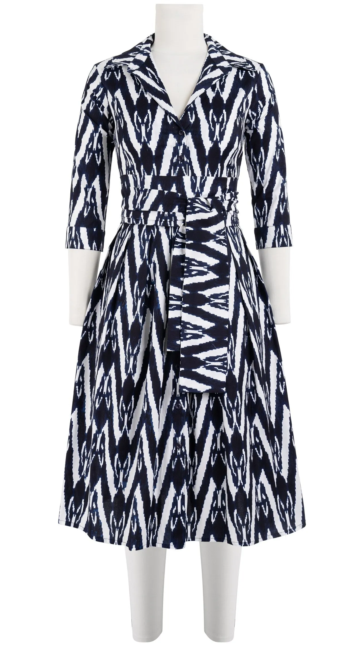 Audrey Dress #1 Shirt Collar 3/4 Sleeve Long Length Cotton Stretch (Ikat Uzbec Bright)