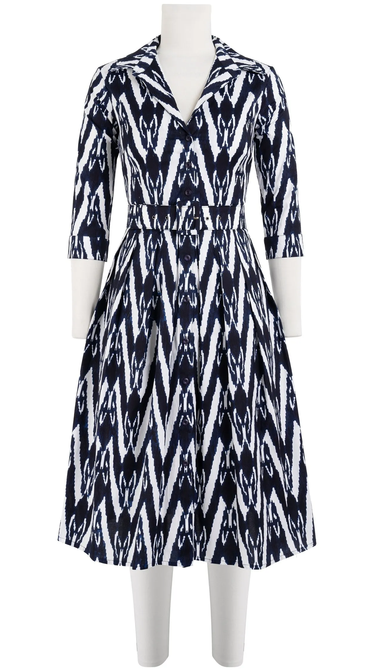 Audrey Dress #1 Shirt Collar 3/4 Sleeve Long Length Cotton Stretch (Ikat Uzbec Bright)