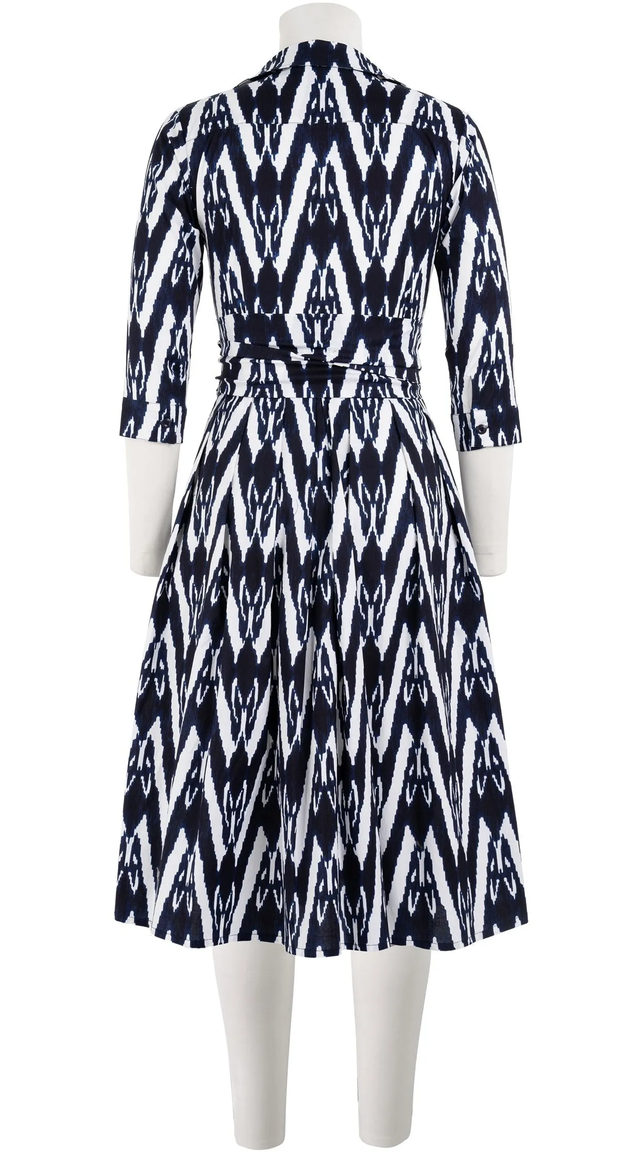 Audrey Dress #1 Shirt Collar 3/4 Sleeve Long Length Cotton Stretch (Ikat Uzbec Bright)