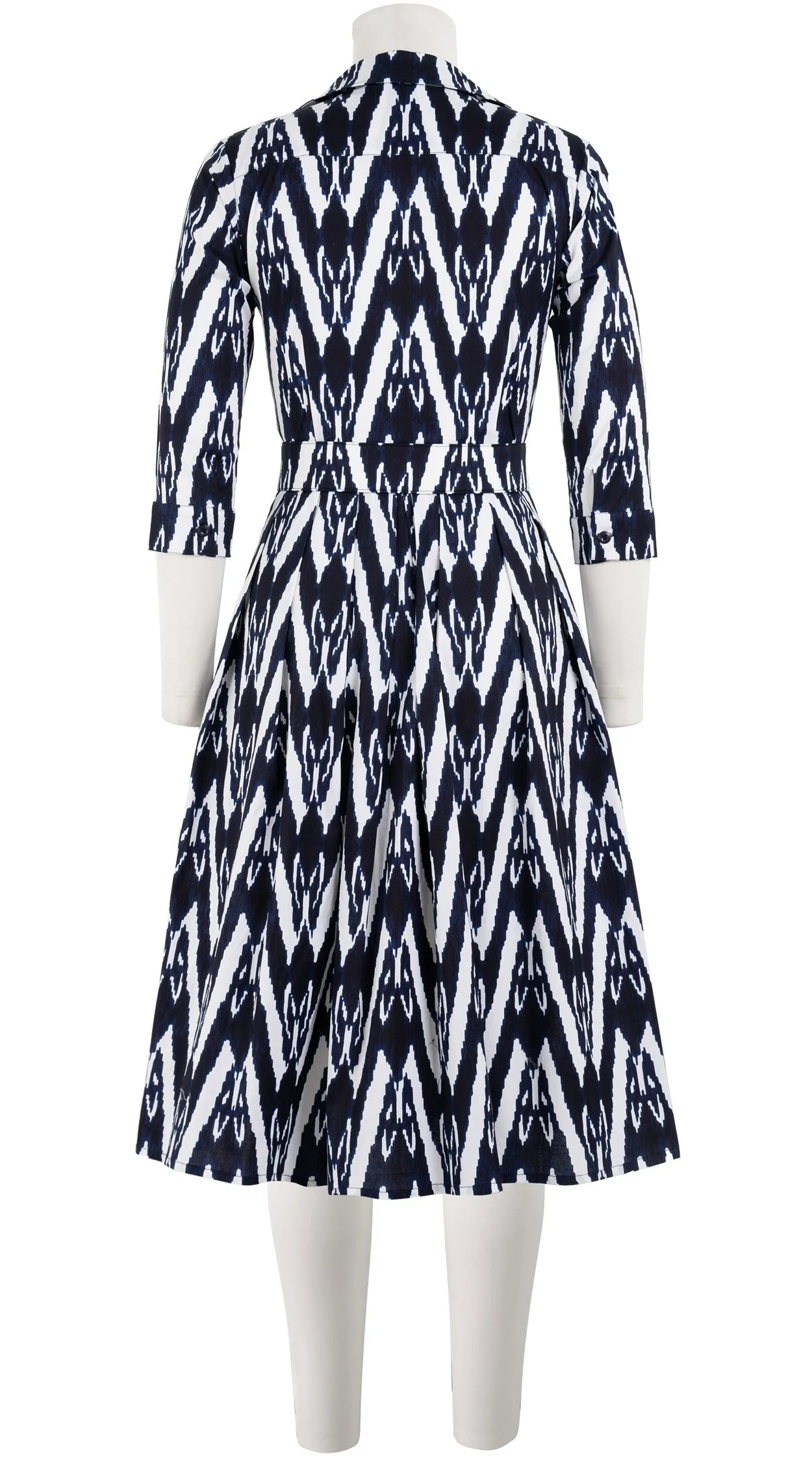 Audrey Dress #1 Shirt Collar 3/4 Sleeve Long Length Cotton Stretch (Ikat Uzbec Bright)