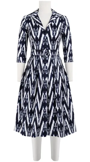 Audrey Dress #1 Shirt Collar 3/4 Sleeve Long Length Cotton Stretch (Ikat Uzbec Bright)