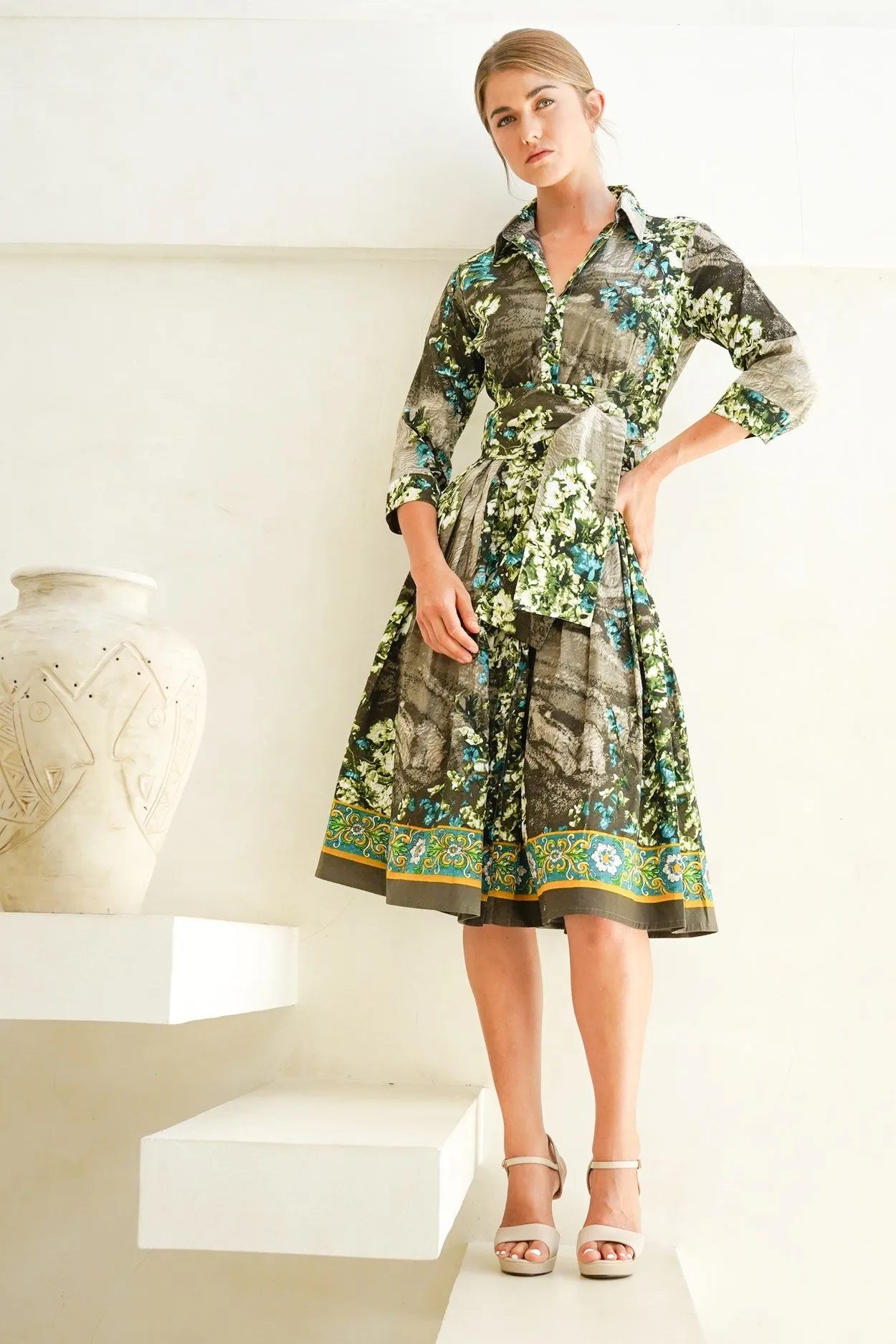 Audrey Dress #1 Shirt Collar 3/4 Sleeve Long Length Cotton Stretch (Roman Dawn Border)