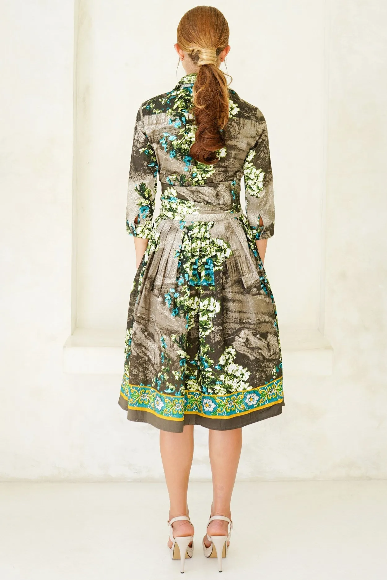 Audrey Dress #1 Shirt Collar 3/4 Sleeve Long Length Cotton Stretch (Roman Dawn Border)