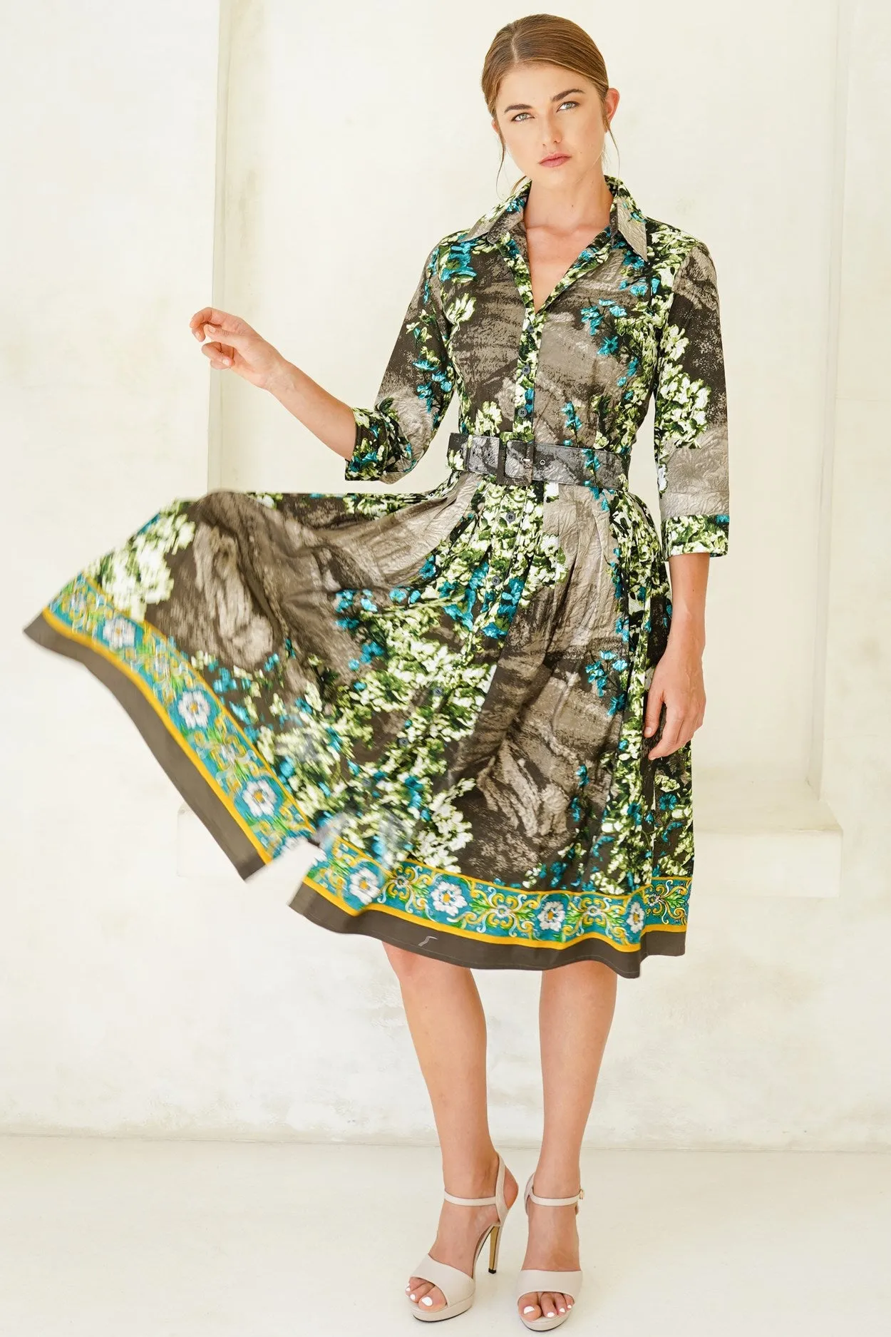 Audrey Dress #1 Shirt Collar 3/4 Sleeve Long Length Cotton Stretch (Roman Dawn Border)