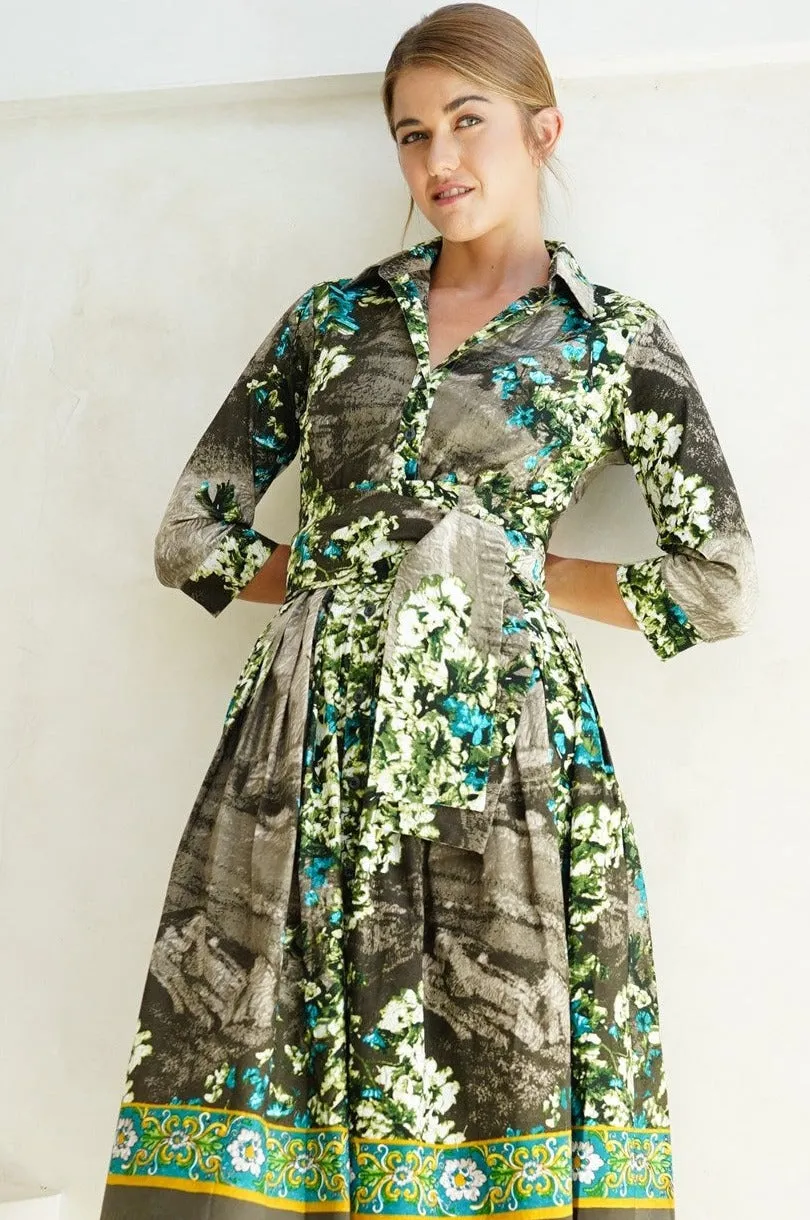 Audrey Dress #1 Shirt Collar 3/4 Sleeve Long Length Cotton Stretch (Roman Dawn Border)