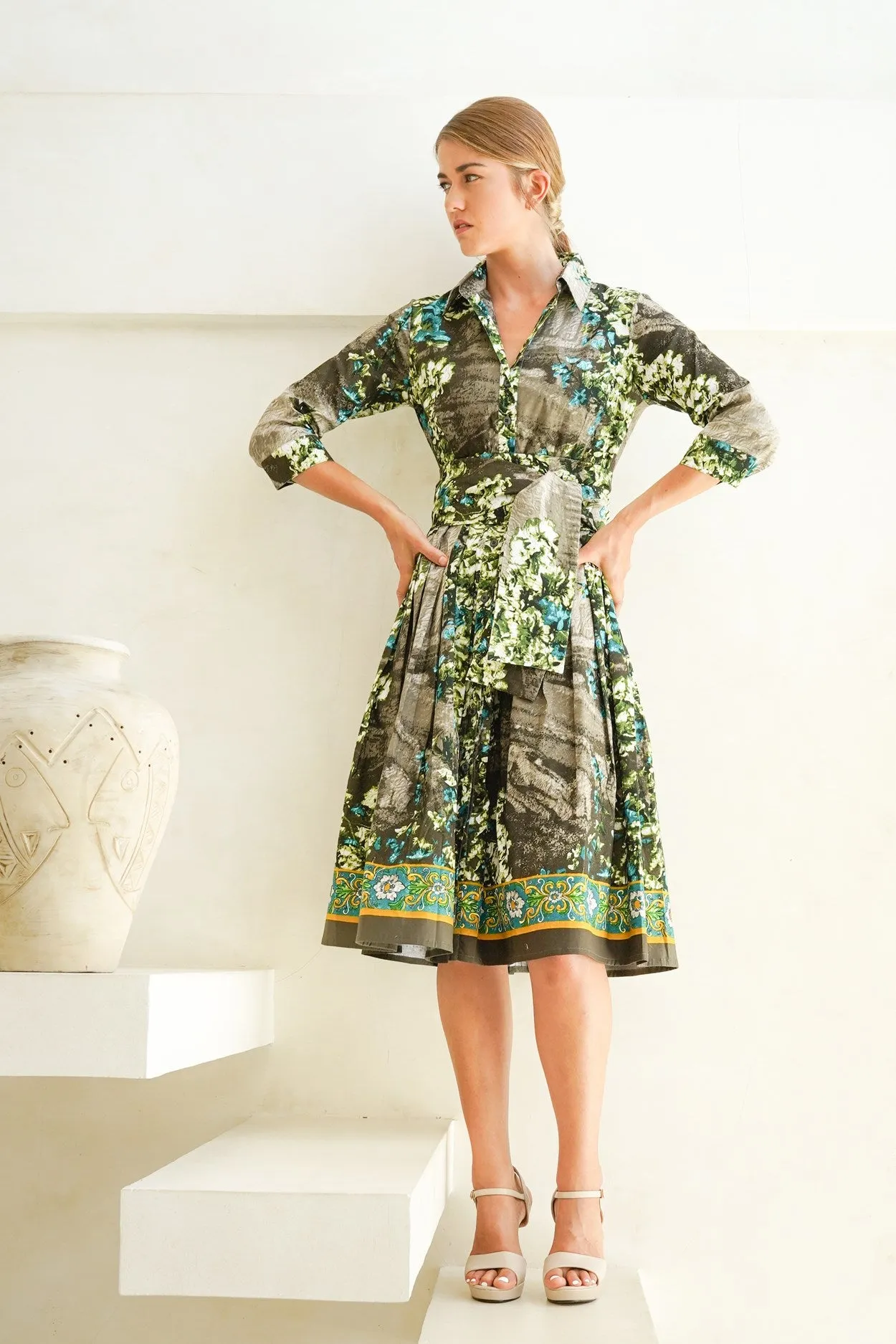 Audrey Dress #1 Shirt Collar 3/4 Sleeve Long Length Cotton Stretch (Roman Dawn Border)