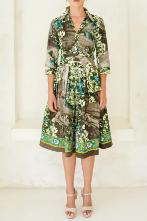 Audrey Dress #1 Shirt Collar 3/4 Sleeve Long Length Cotton Stretch (Roman Dawn Border)