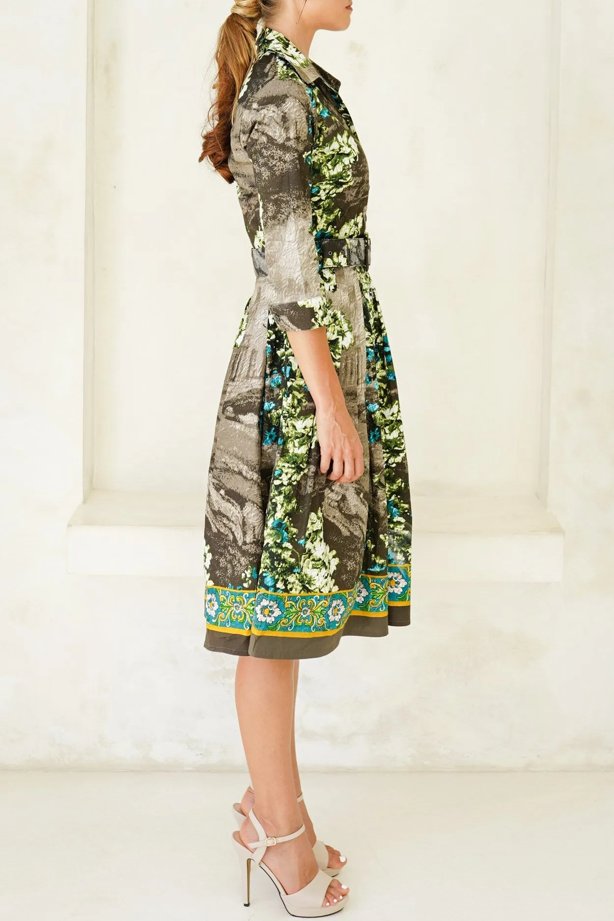Audrey Dress #1 Shirt Collar 3/4 Sleeve Long Length Cotton Stretch (Roman Dawn Border)