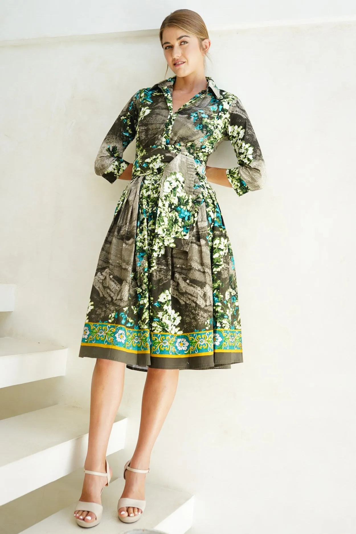 Audrey Dress #1 Shirt Collar 3/4 Sleeve Long Length Cotton Stretch (Roman Dawn Border)