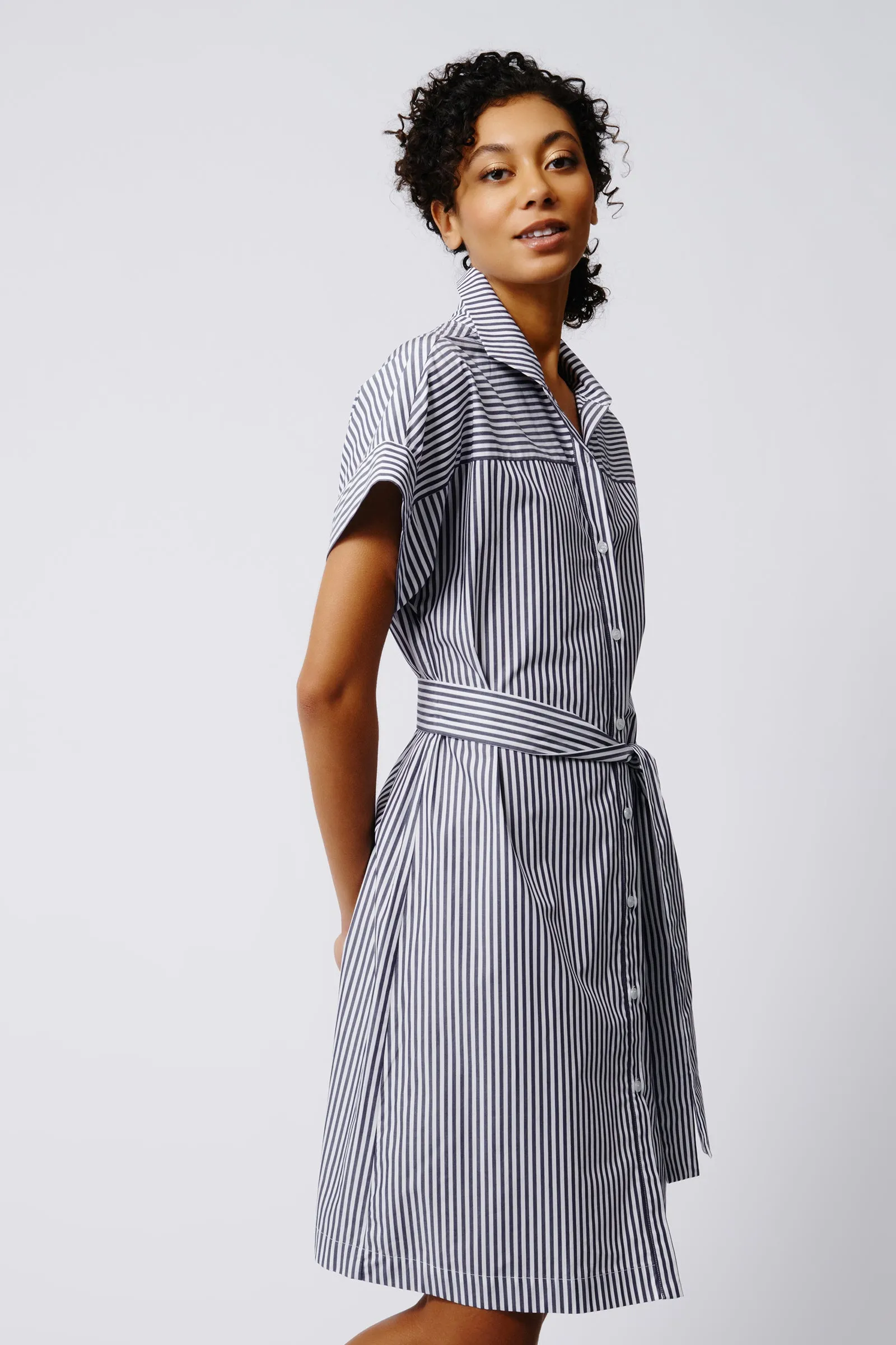 Ava Yoke Kimono Dress - Indigo Stripe