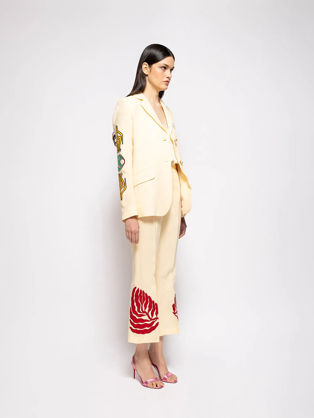 Azalea Vanilla Custard Linen Flared Pants with Embroidered Patches