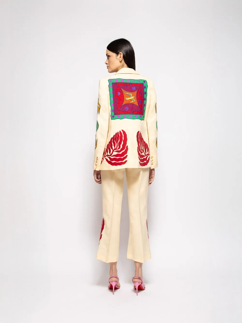 Azalea Vanilla Custard Linen Flared Pants with Embroidered Patches
