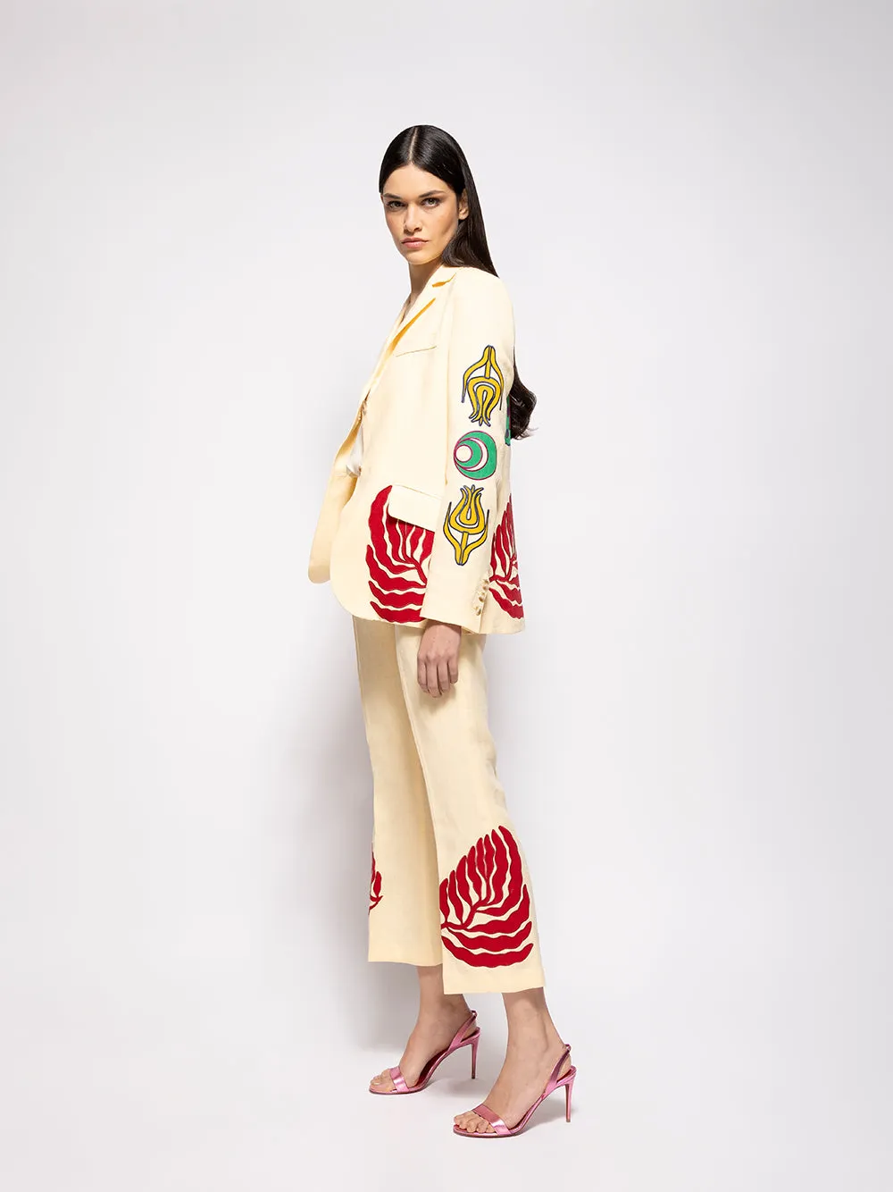 Azalea Vanilla Custard Linen Flared Pants with Embroidered Patches
