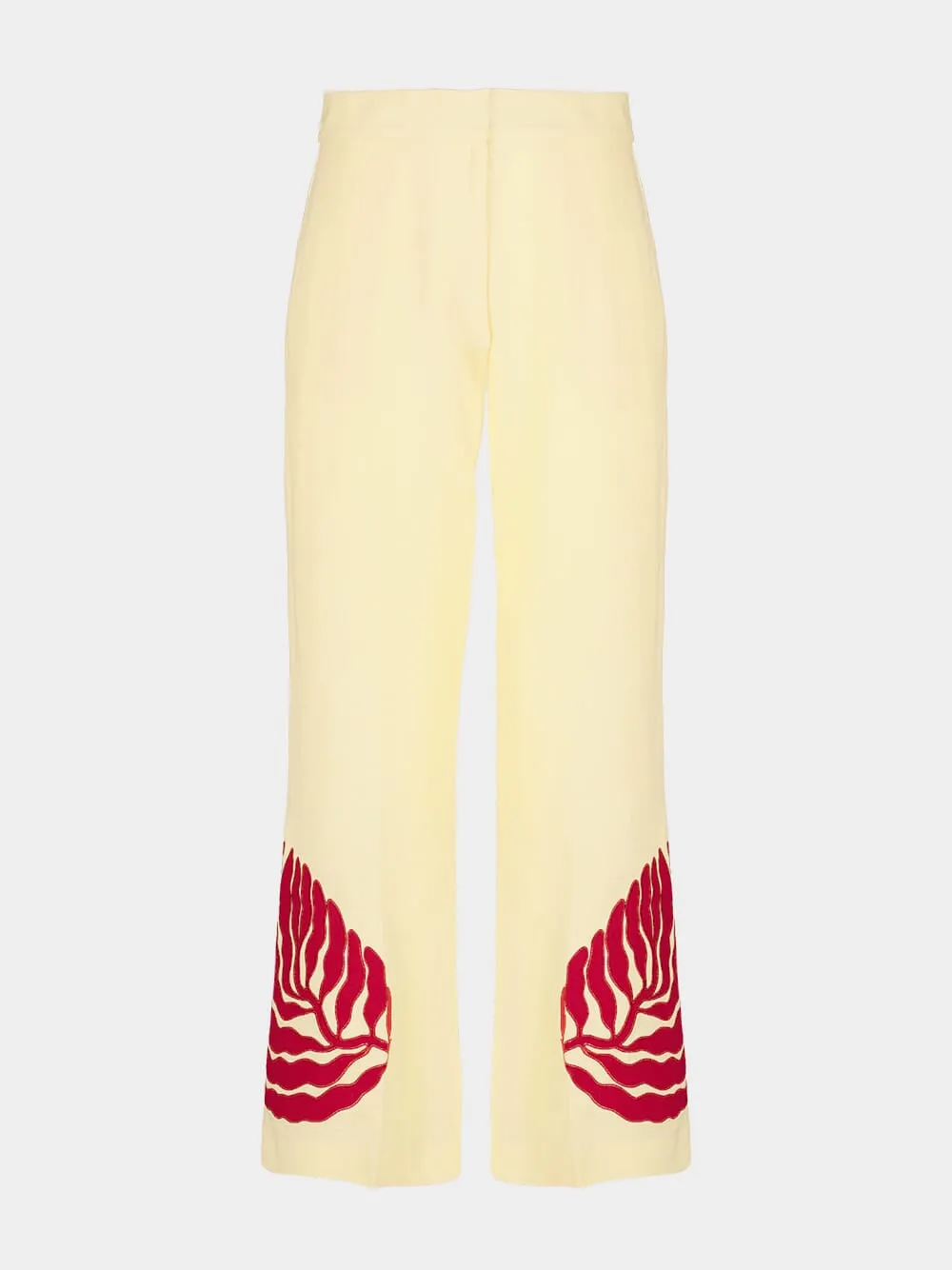Azalea Vanilla Custard Linen Flared Pants with Embroidered Patches