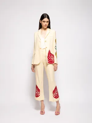 Azalea Vanilla Custard Linen Flared Pants with Embroidered Patches