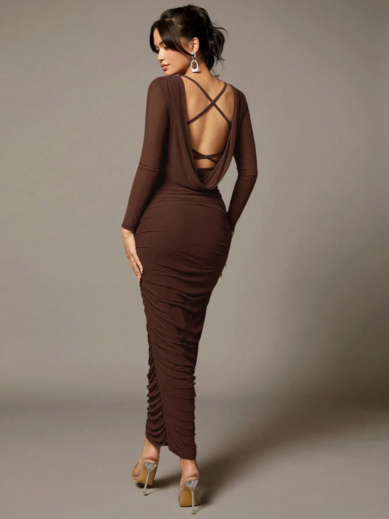 BAE Khaki Mesh Long-Sleeved Pleated Large Open Back Swing Collar Cross-Strap Long Tight Sexy Dress