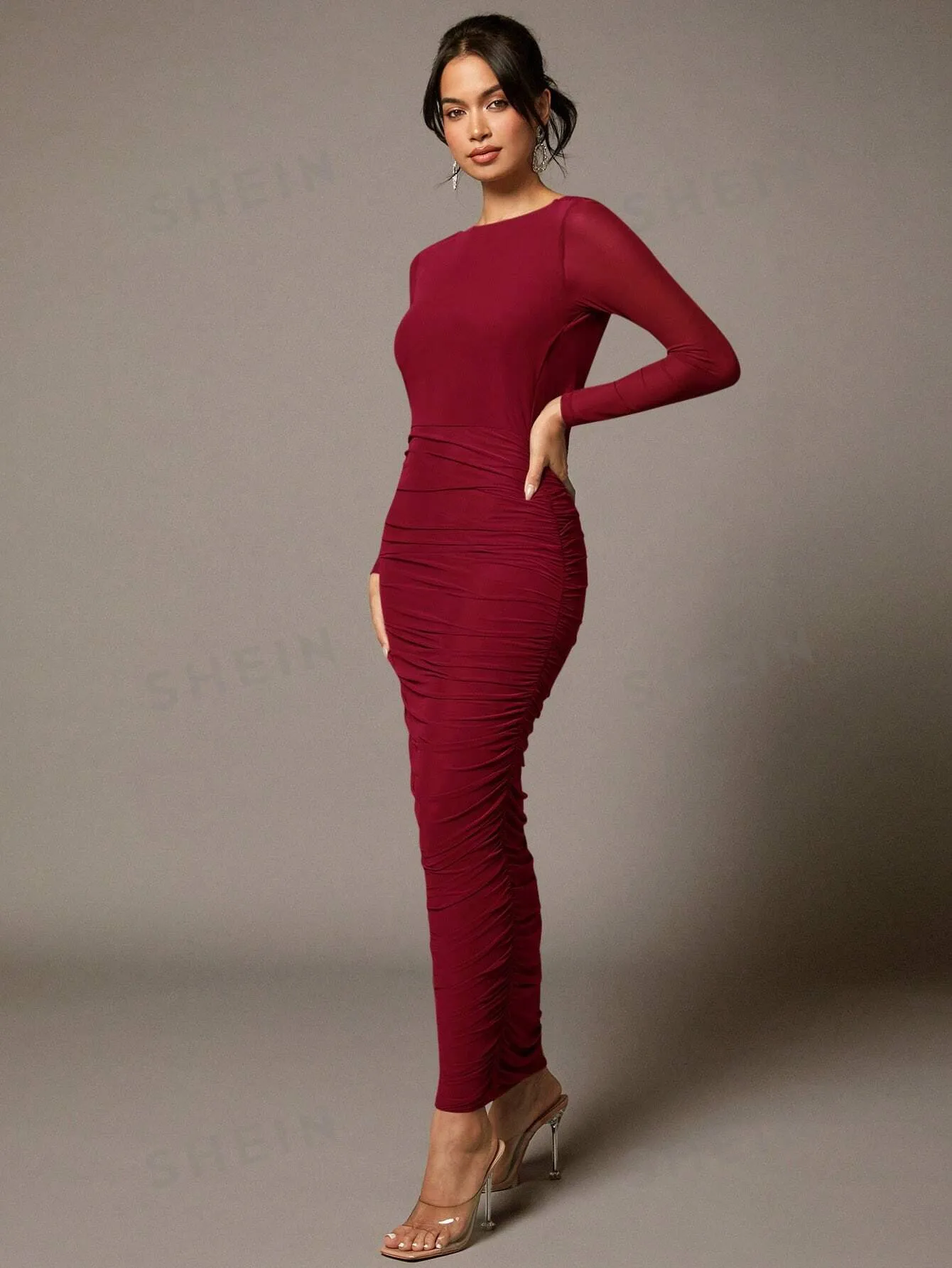 BAE Khaki Mesh Long-Sleeved Pleated Large Open Back Swing Collar Cross-Strap Long Tight Sexy Dress