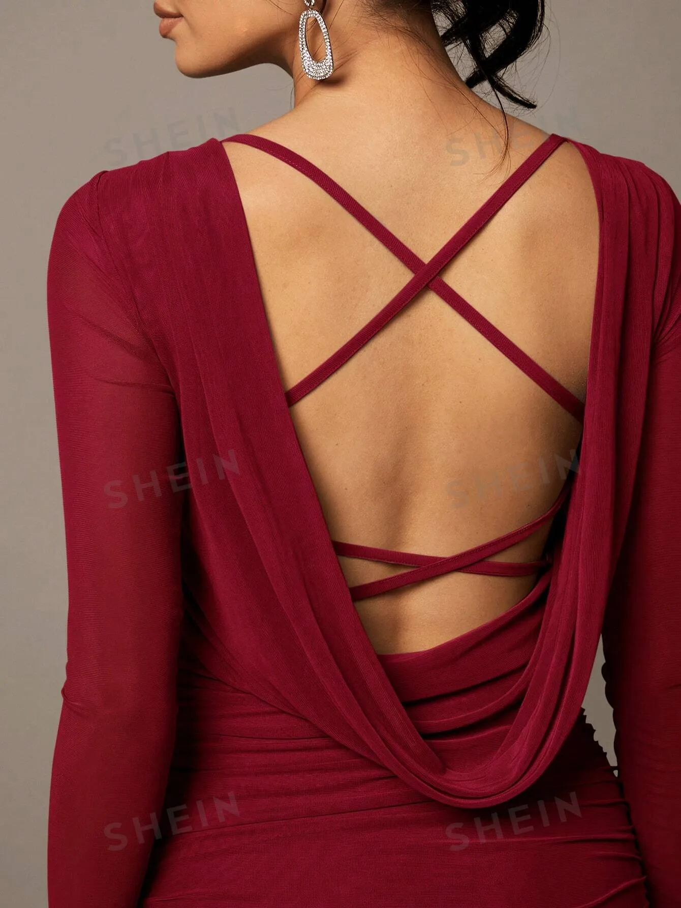 BAE Khaki Mesh Long-Sleeved Pleated Large Open Back Swing Collar Cross-Strap Long Tight Sexy Dress