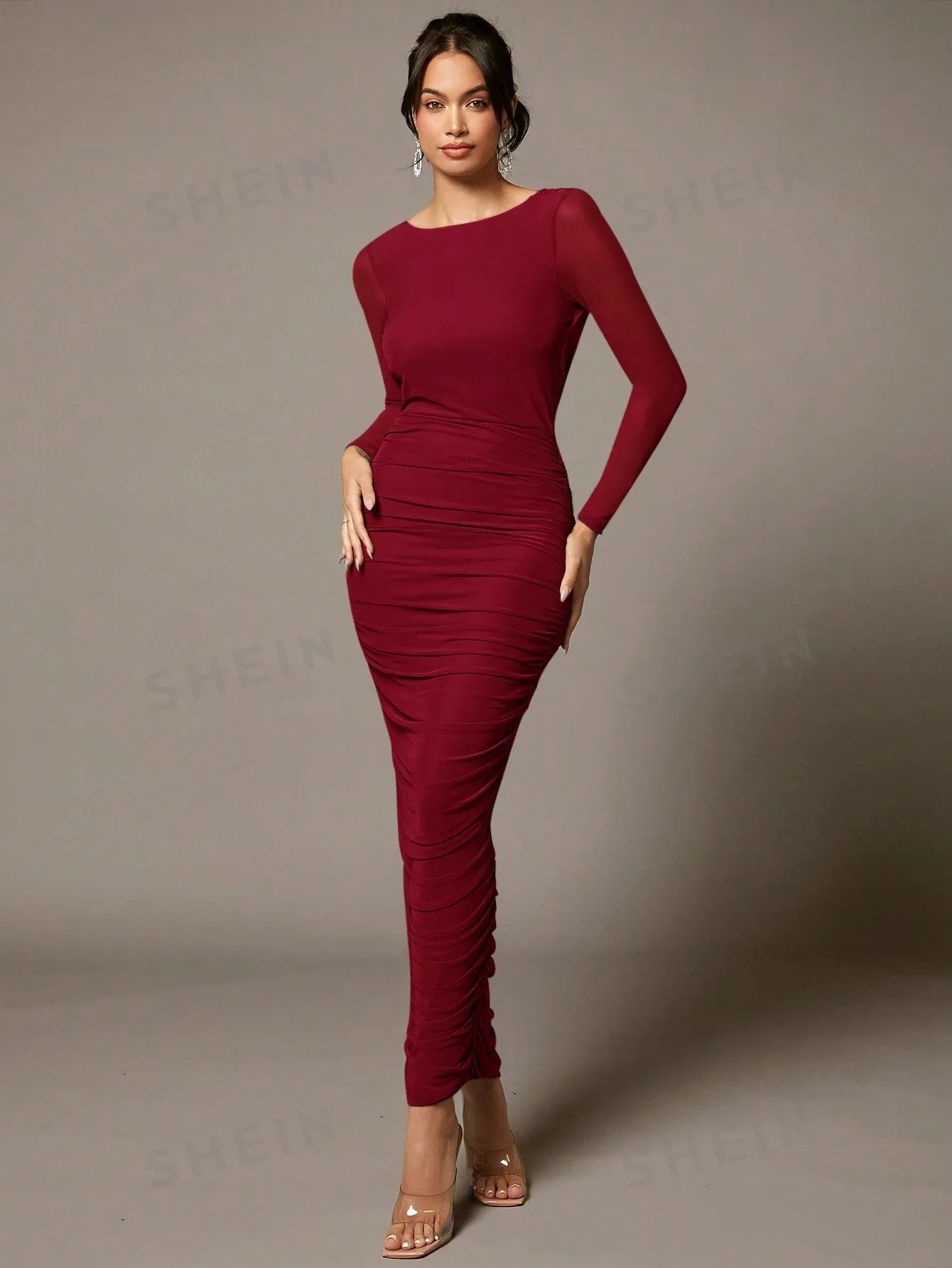 BAE Khaki Mesh Long-Sleeved Pleated Large Open Back Swing Collar Cross-Strap Long Tight Sexy Dress