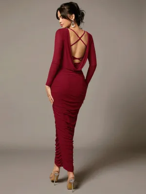 BAE Khaki Mesh Long-Sleeved Pleated Large Open Back Swing Collar Cross-Strap Long Tight Sexy Dress