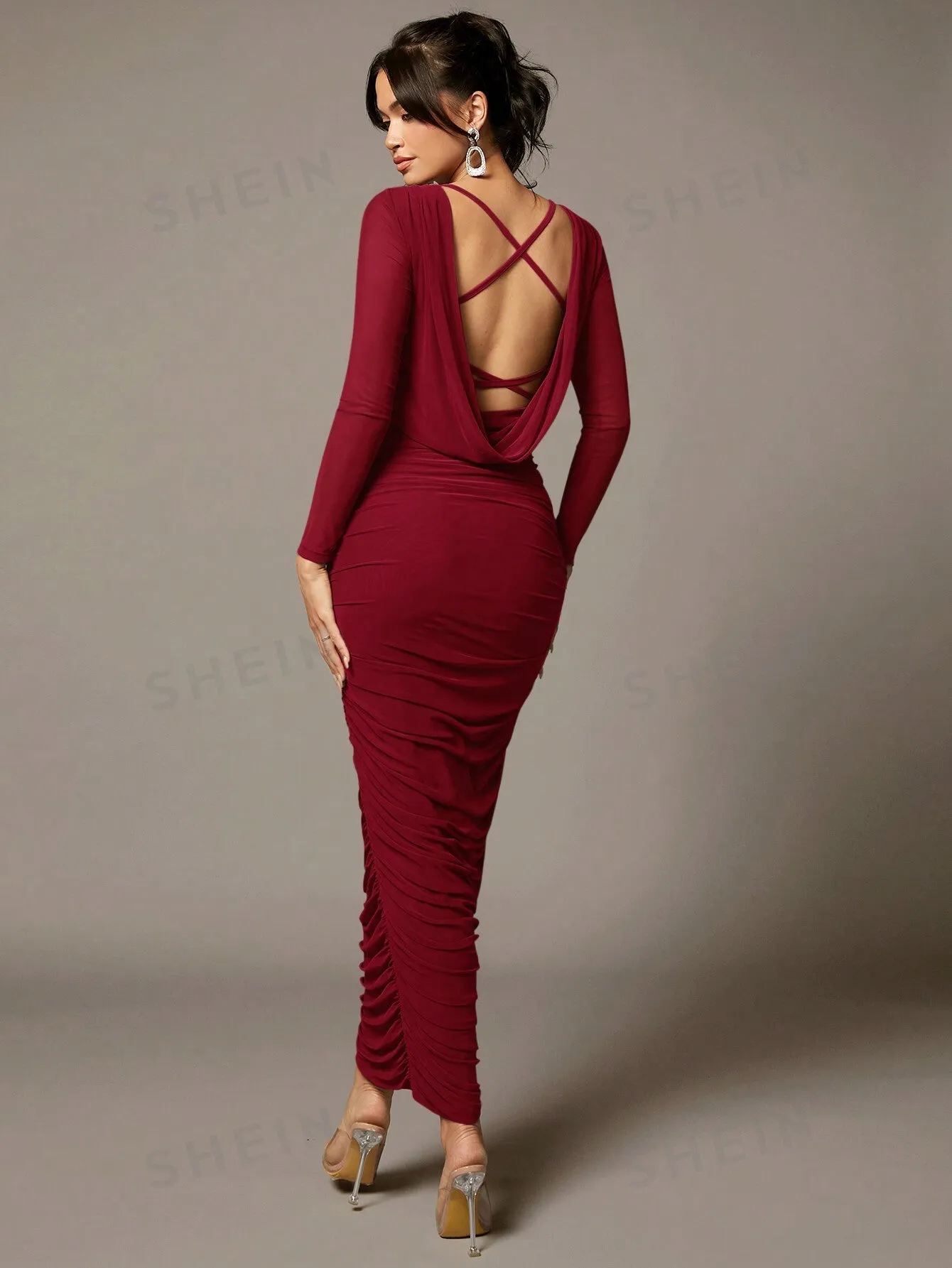 BAE Khaki Mesh Long-Sleeved Pleated Large Open Back Swing Collar Cross-Strap Long Tight Sexy Dress